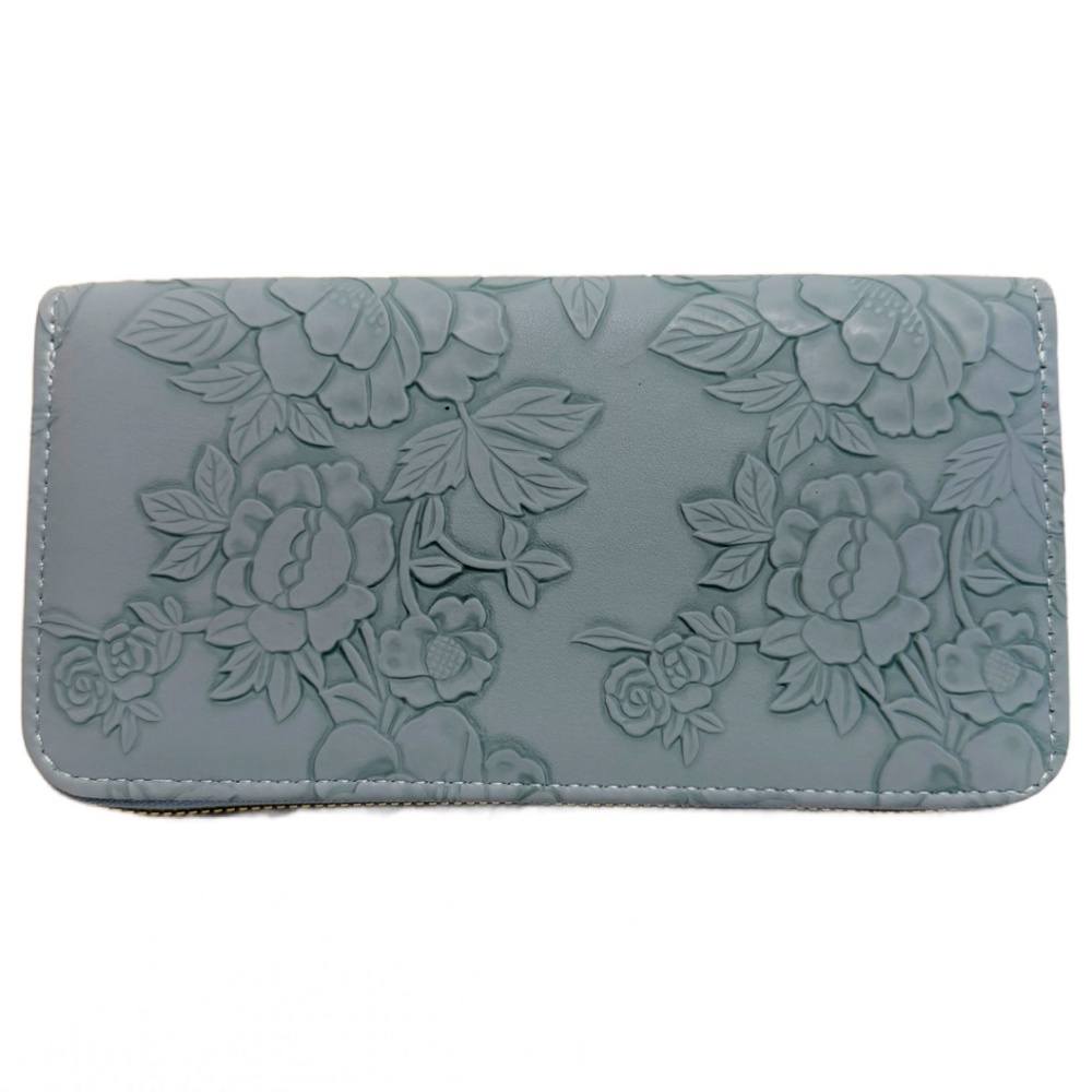 Slate Blue 7.5" Faux Leather Embossed Floral Wallet Wrist Strap Zipper New